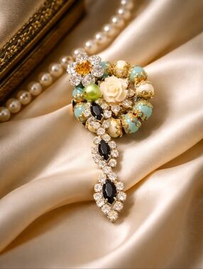 Vintage 80s Floral Cluster Rhinestone Drop Brooch Turquoise Enamel Pearl